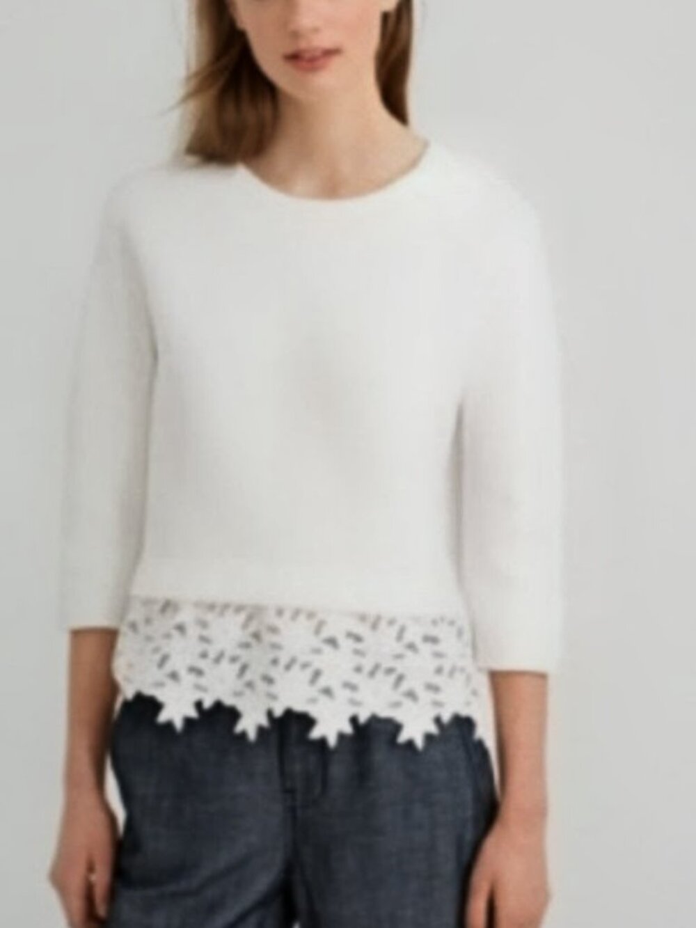 J. Crew Elegant White Lightweight Sweater with Flower Lace